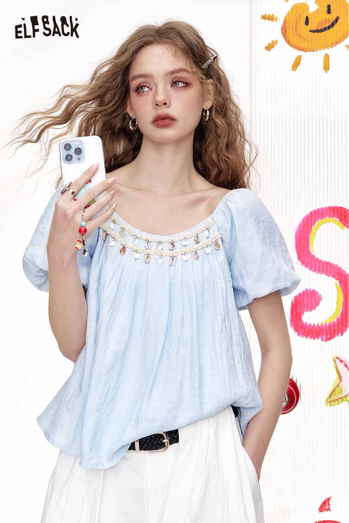 ELFSACK Square Neck Blouse Shell Bead Puff Sleeve Chiffon Top