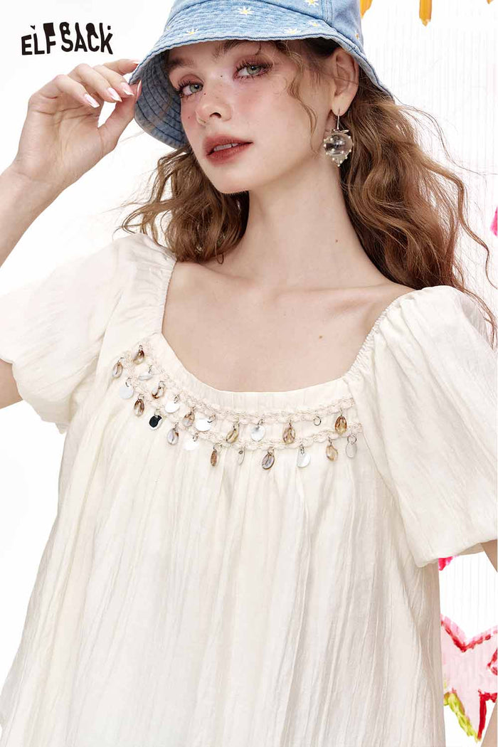 ELFSACK Square Neck Blouse Shell Bead Puff Sleeve Chiffon Top