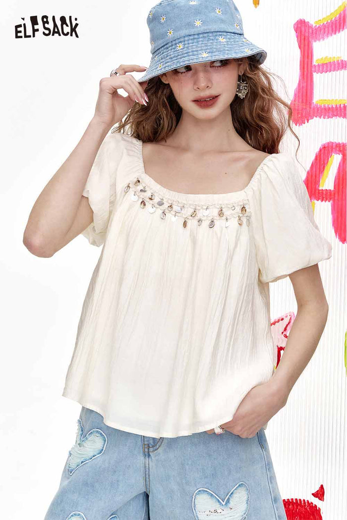 ELFSACK Square Neck Blouse Shell Bead Puff Sleeve Chiffon Top