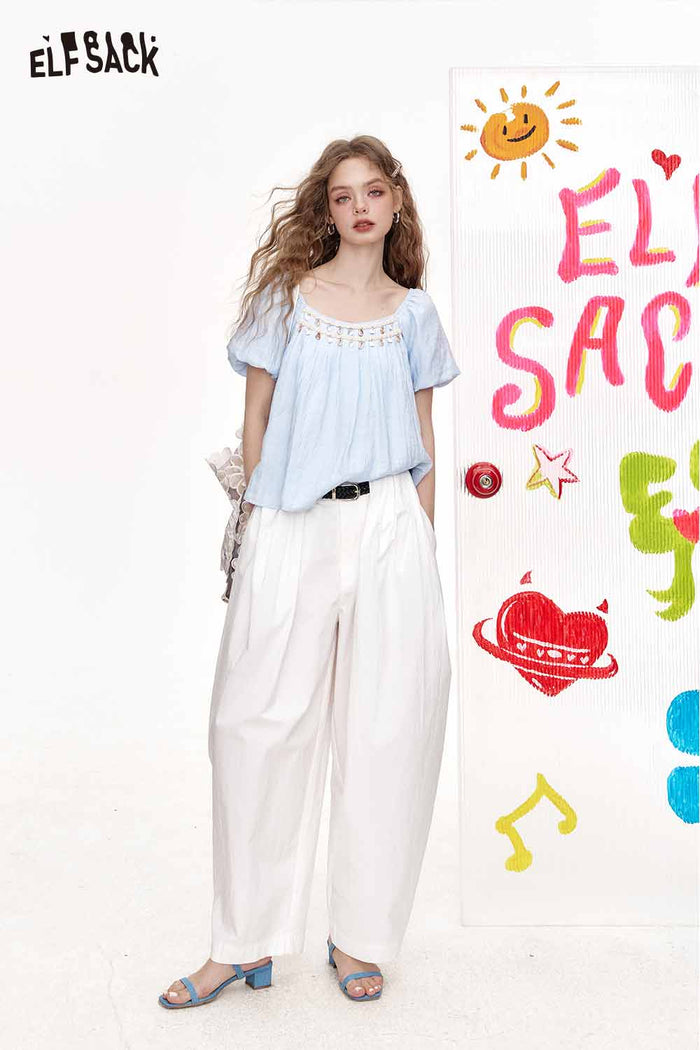 ELFSACK Square Neck Blouse Shell Bead Puff Sleeve Chiffon Top