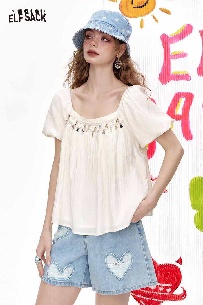 ELFSACK Square Neck Blouse Shell Bead Puff Sleeve Chiffon Top