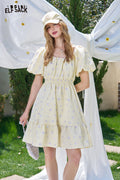 ELFSACK Square Neck Bubble Sleeves Floral Chic Dress
