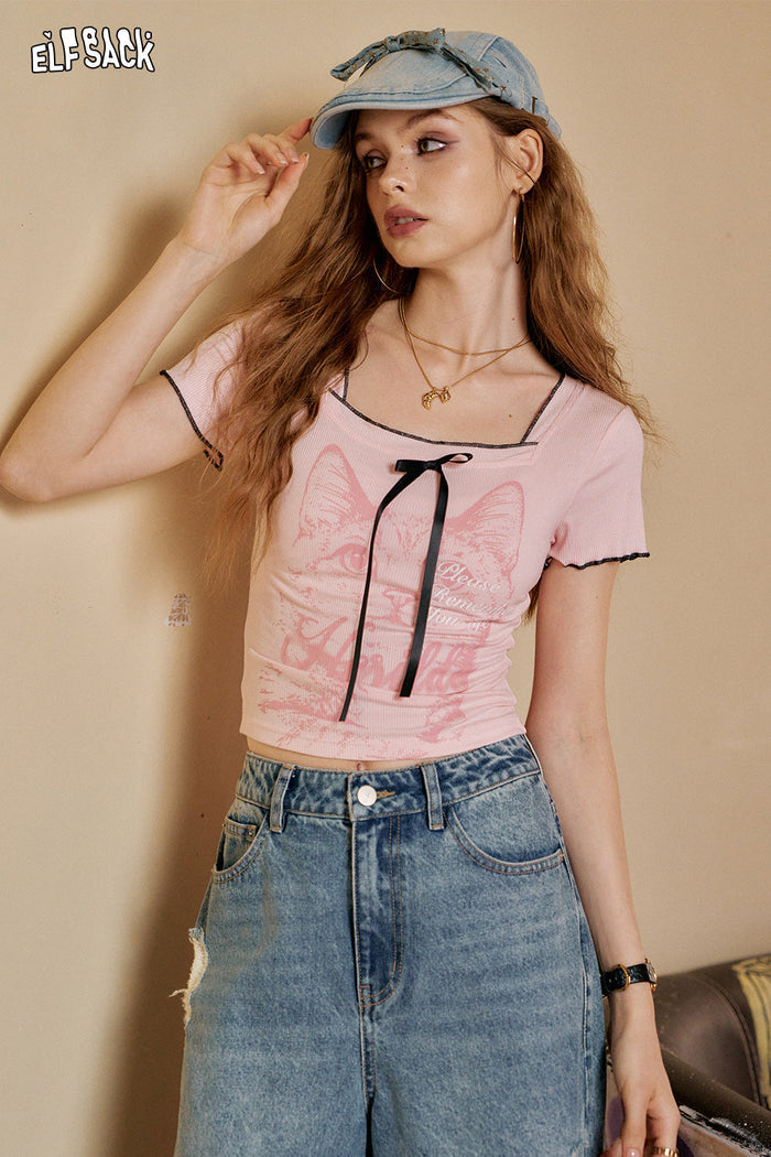 ELFSACK Square Neck Cat Print Chic Short Sleeve T-Shirt