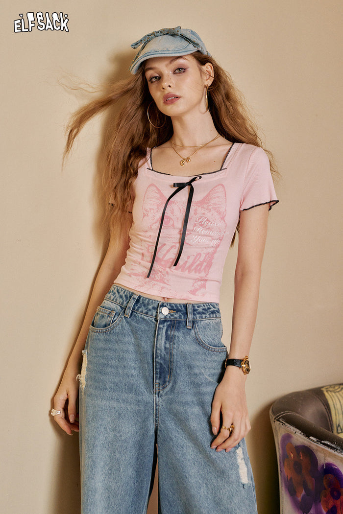 ELFSACK Square Neck Cat Print Chic Short Sleeve T-Shirt