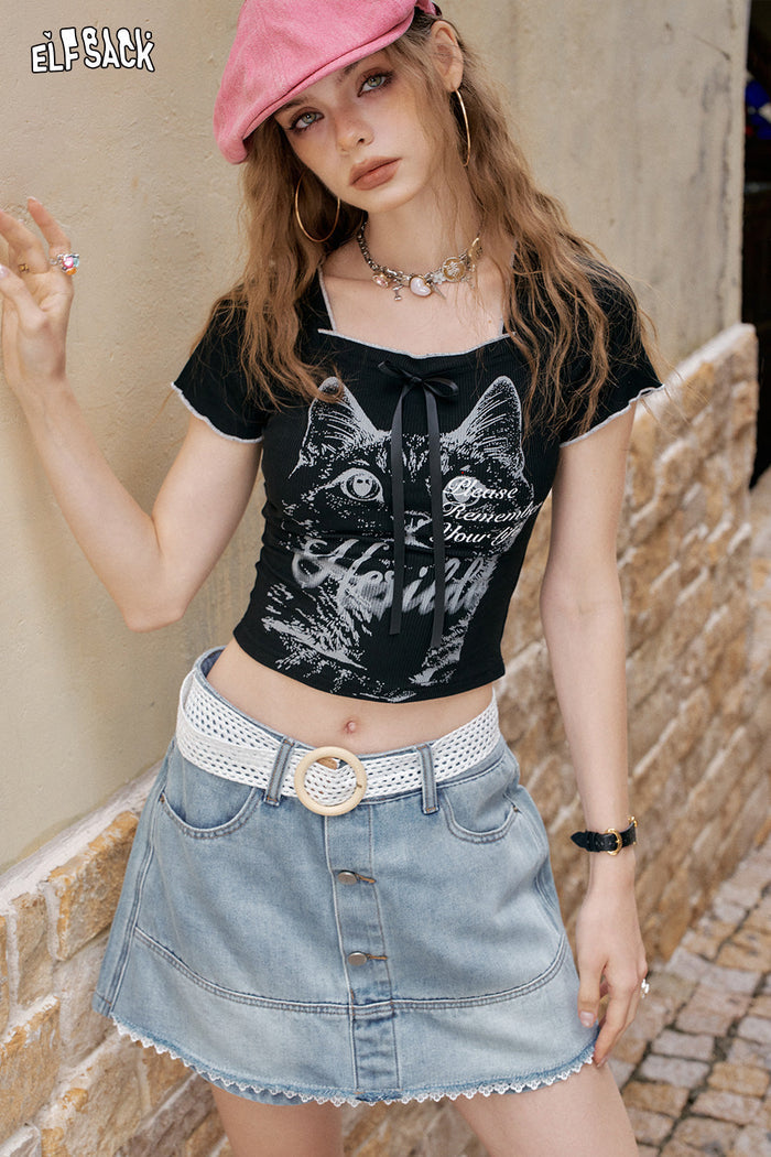 ELFSACK Square Neck Cat Print Chic Short Sleeve T-Shirt