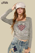 Square Neck Long Sleeve Heart Print Crop Tee