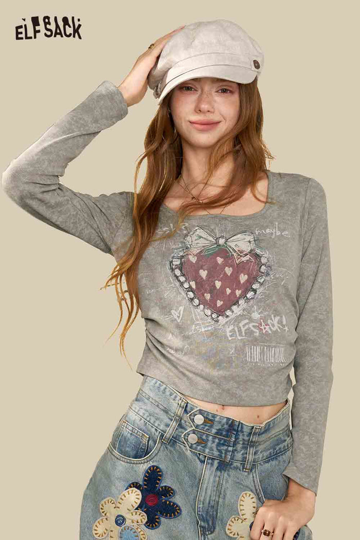 Square Neck Long Sleeve Heart Print Crop Tee