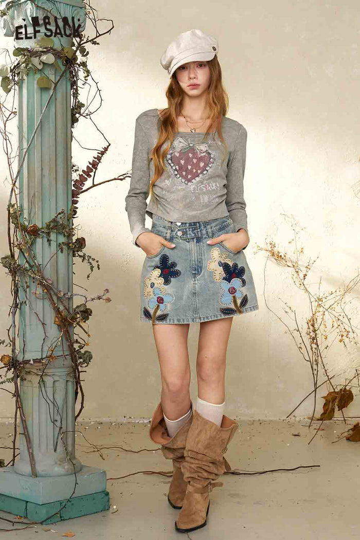 Square Neck Long Sleeve Heart Print Crop Tee