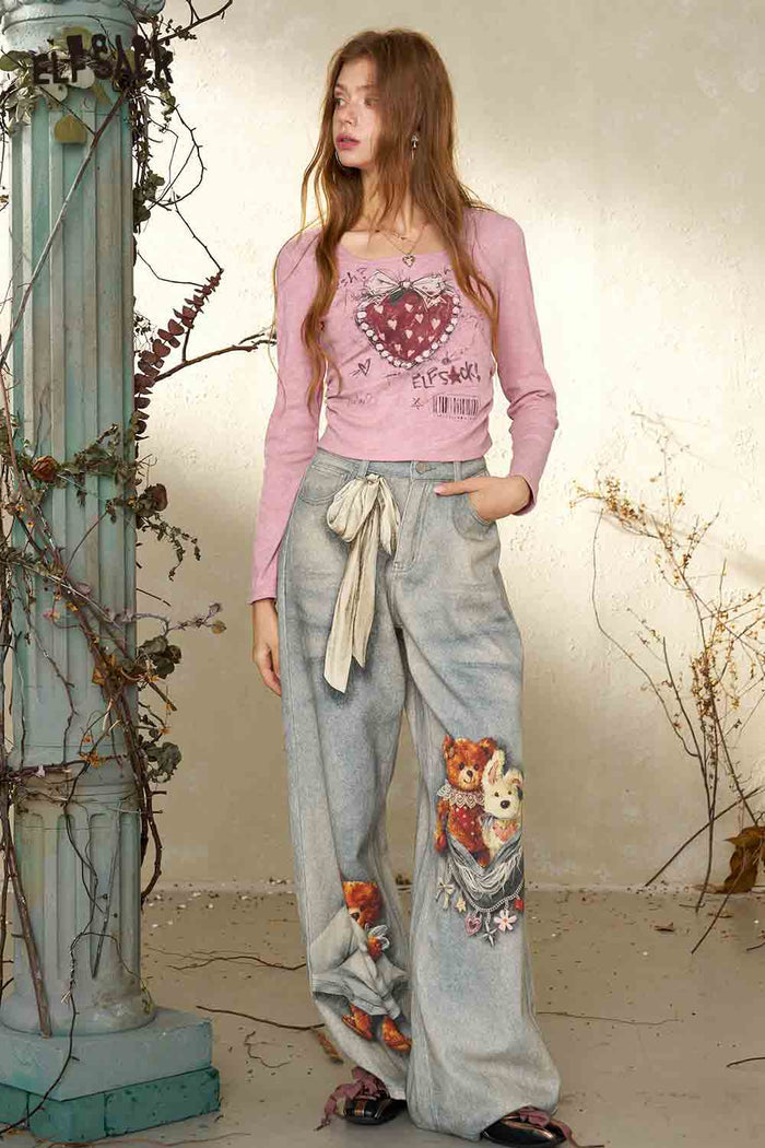 Square Neck Long Sleeve Heart Print Crop Tee