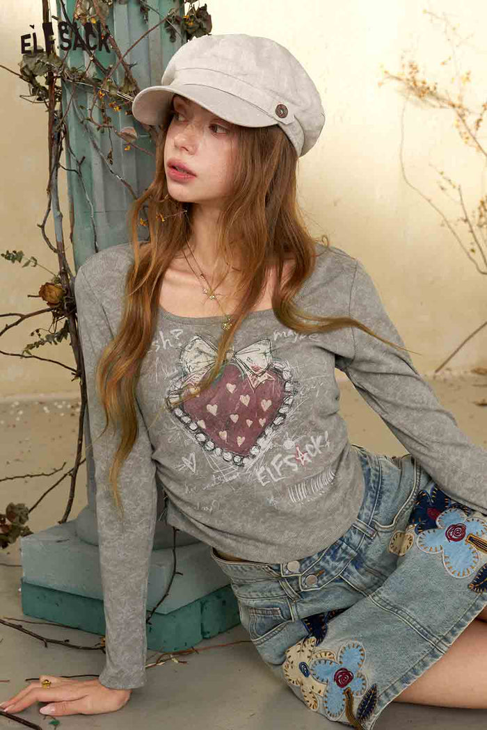 Square Neck Long Sleeve Heart Print Crop Tee