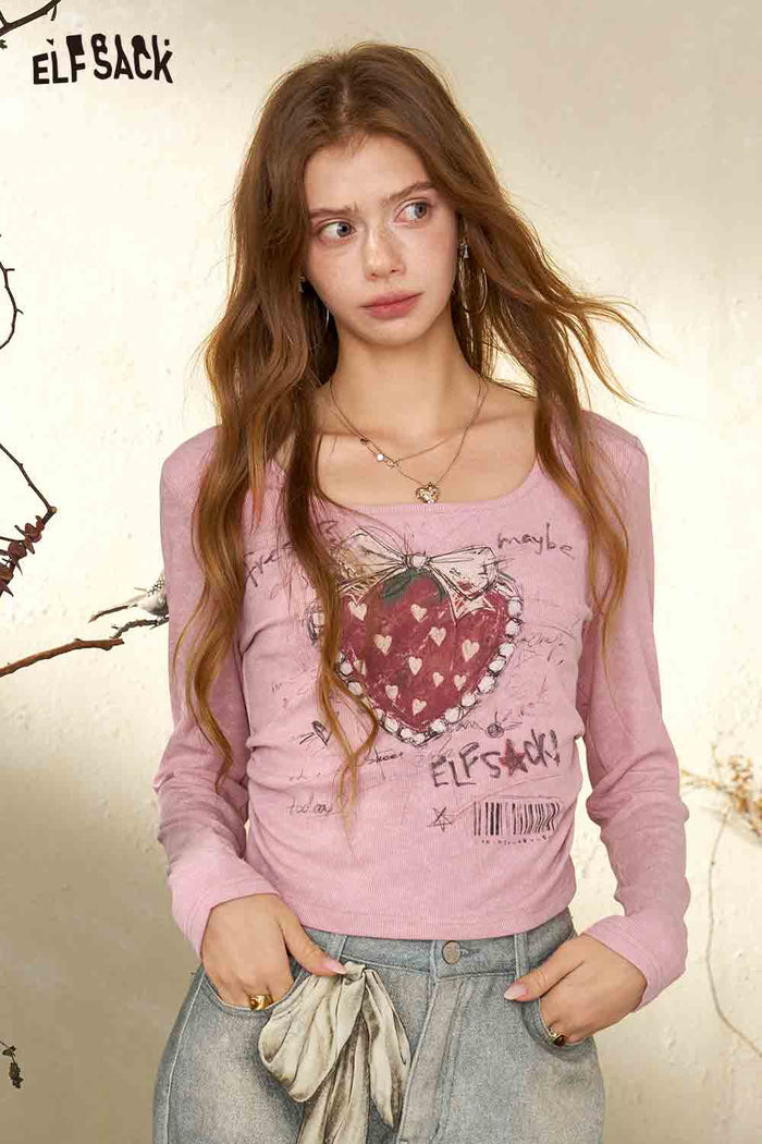 Square Neck Long Sleeve Heart Print Crop Tee