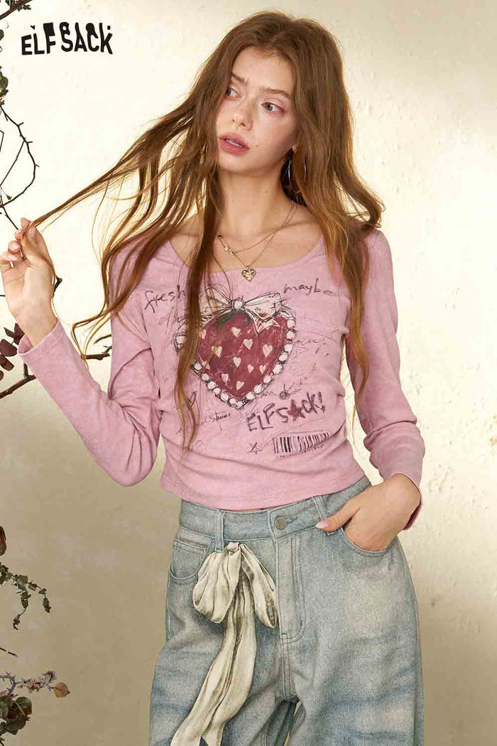 Square Neck Long Sleeve Heart Print Crop Tee
