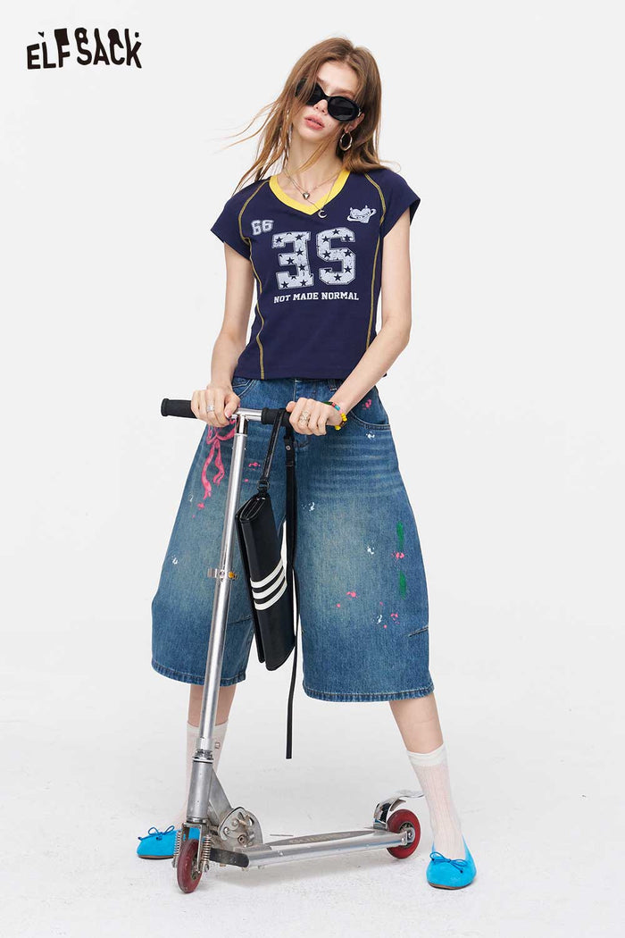 ELFSACK Star Print Fitted Sporty T-Shirt