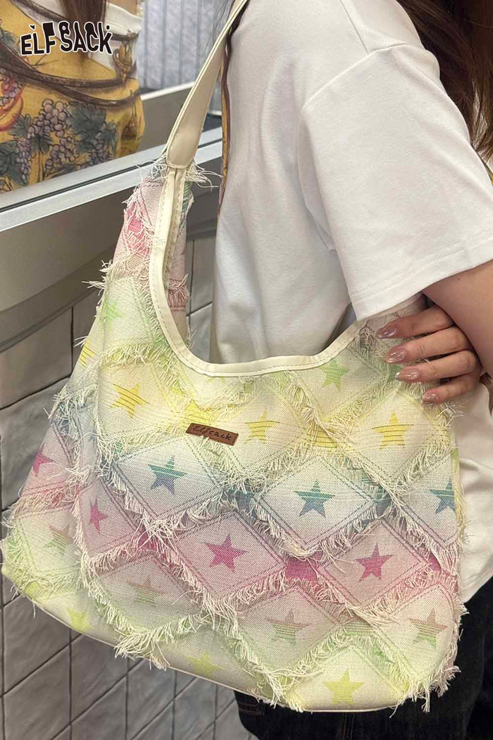 ELFSACK Star Print Gradient Denim Shoulder Bag