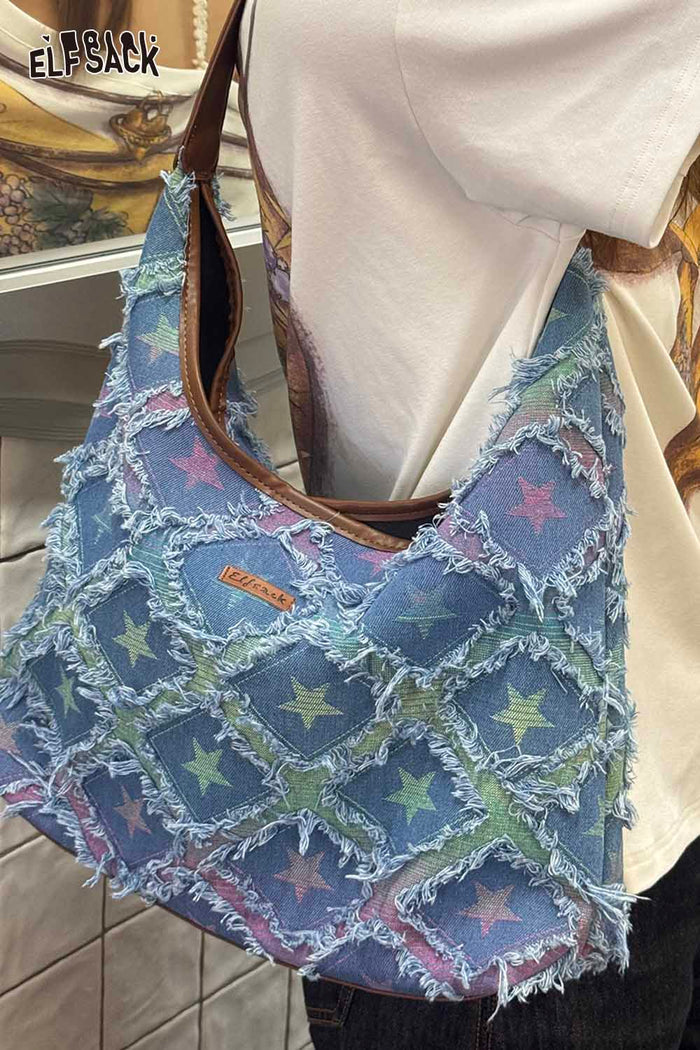 ELFSACK Star Print Gradient Denim Shoulder Bag