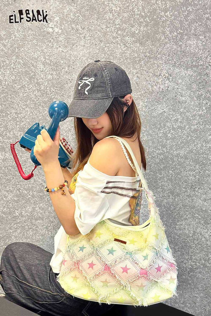 ELFSACK Star Print Gradient Denim Shoulder Bag