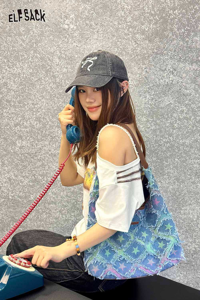 ELFSACK Star Print Gradient Denim Shoulder Bag