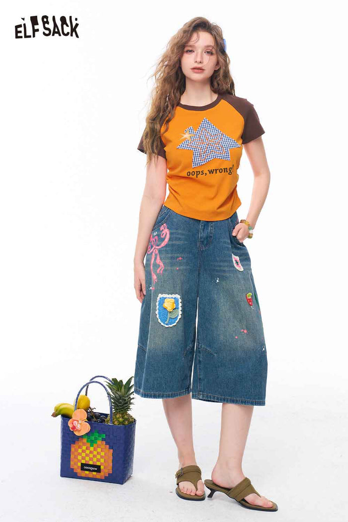 ELFSACK Star Print Side Ruched Crop Tee
