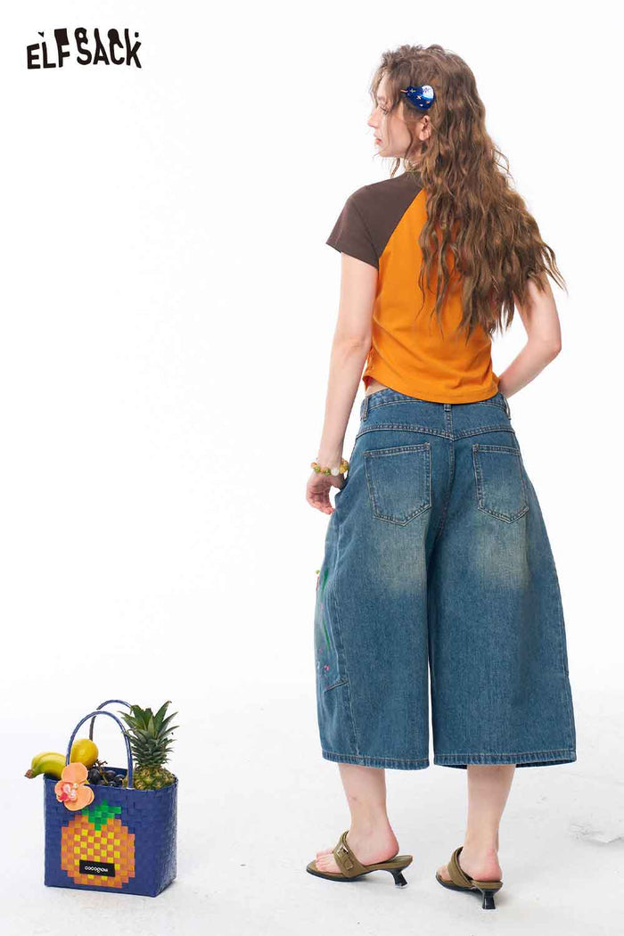 ELFSACK Star Print Side Ruched Crop Tee