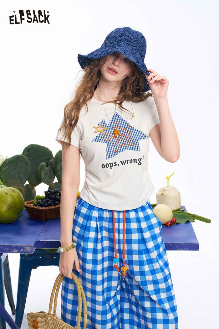 ELFSACK Star Print Side Ruched Crop Tee