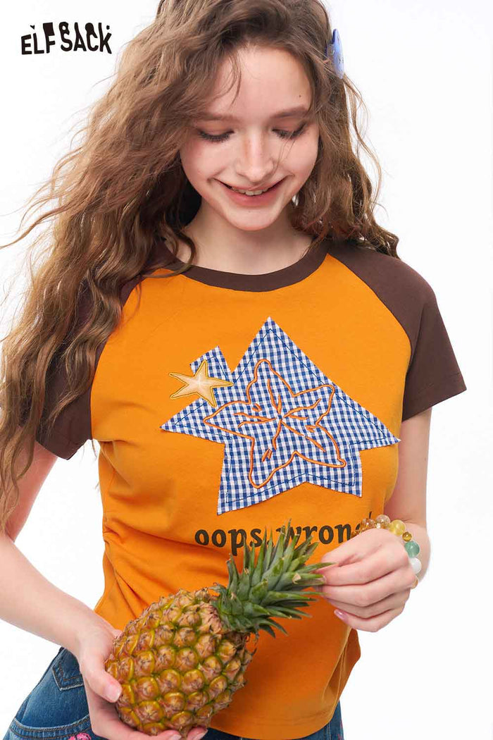 ELFSACK Star Print Side Ruched Crop Tee