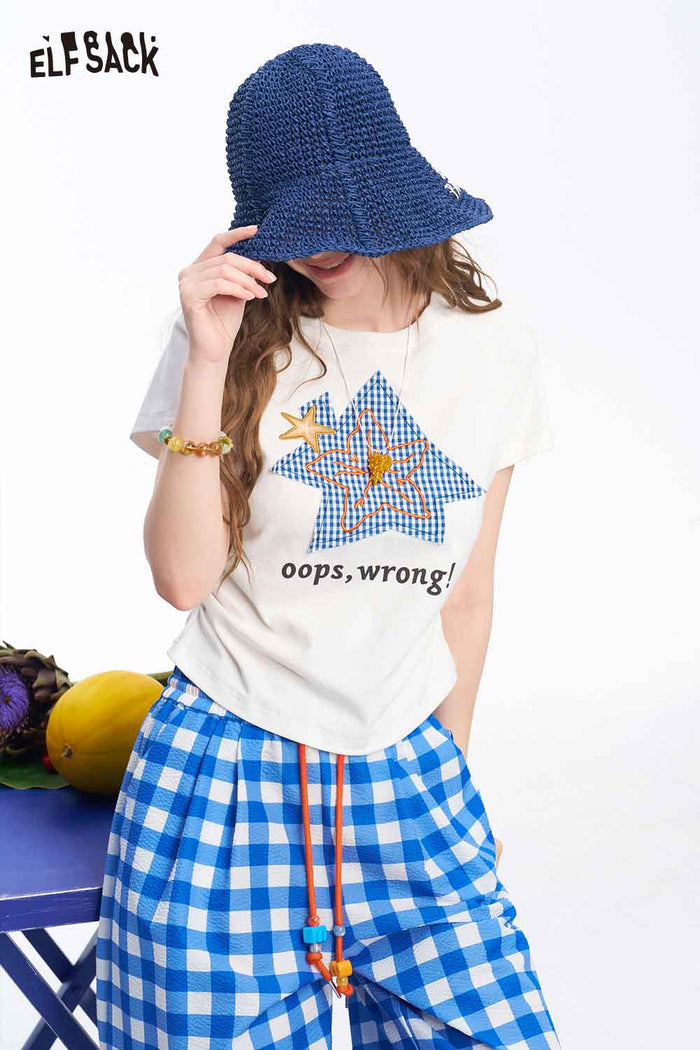 ELFSACK Star Print Side Ruched Crop Tee
