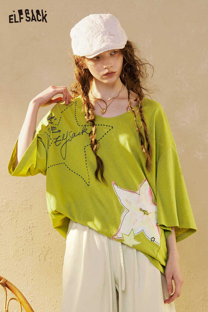 Star Print V Neck Loose Graphic Tee