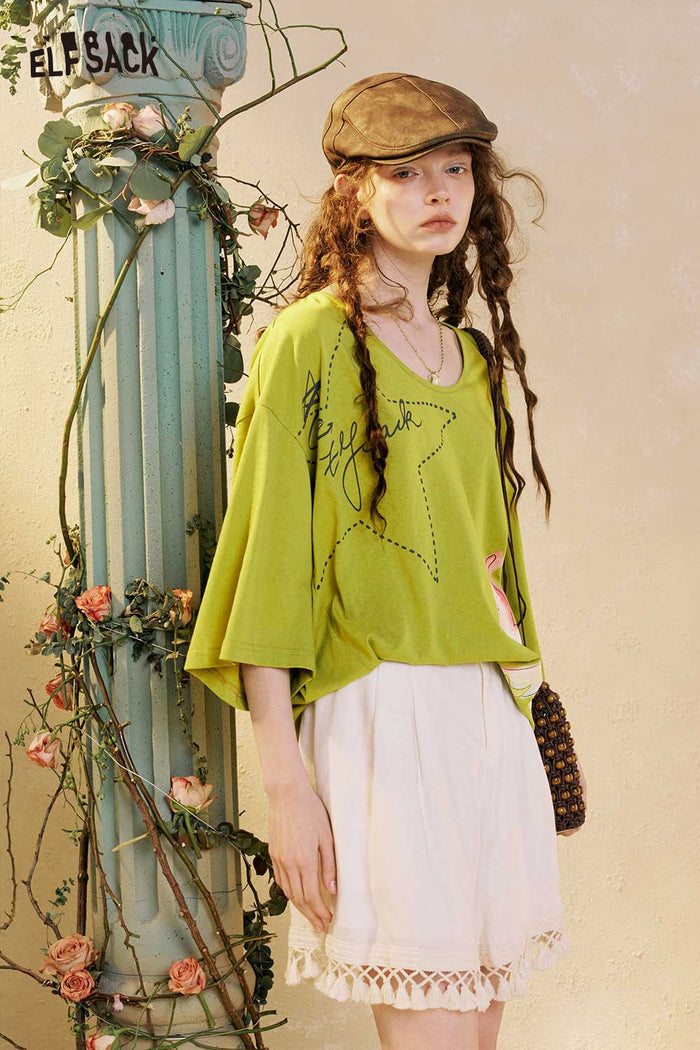 Star Print V Neck Loose Graphic Tee