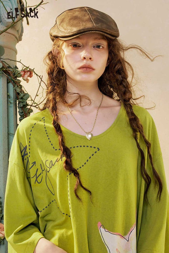 Star Print V Neck Loose Graphic Tee