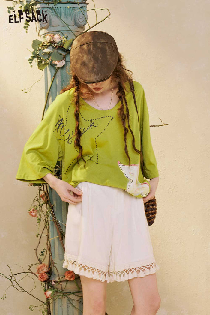 Star Print V Neck Loose Graphic Tee