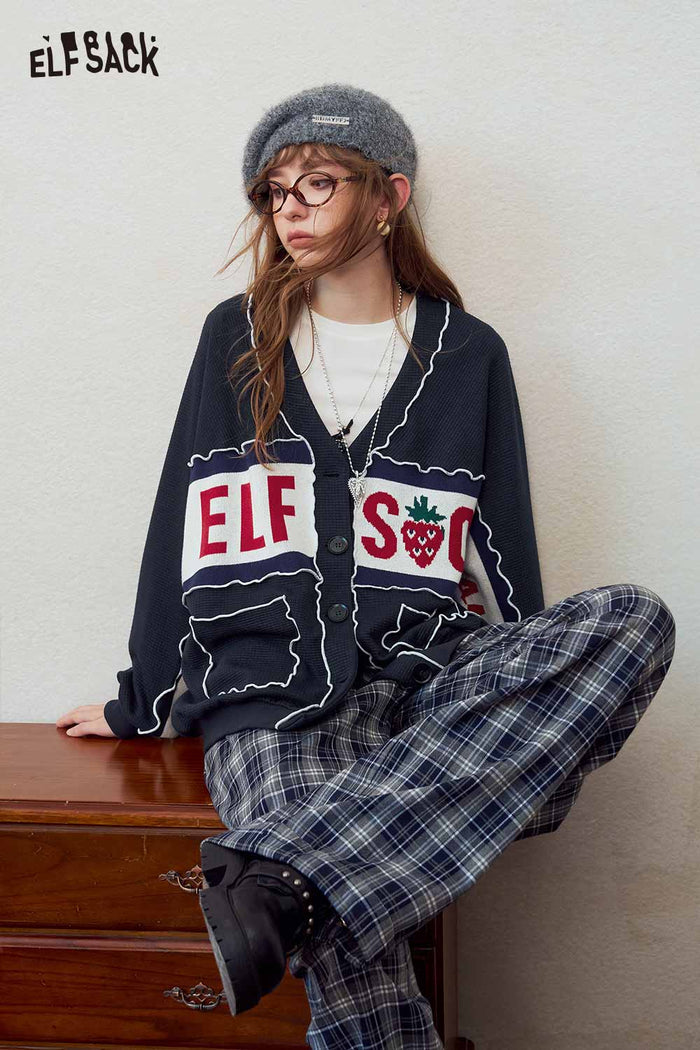Strawberry Graphic V-Neck Knit Cardigan
