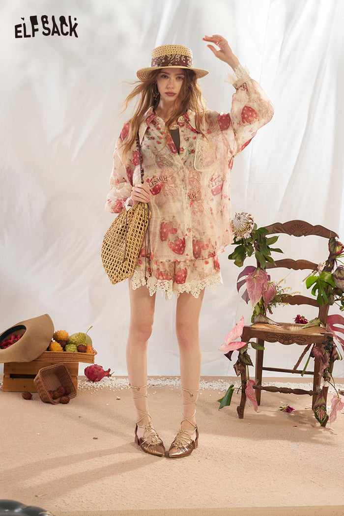 ELFSACK Strawberry Lace 2 Piece Shirt Shorts Set