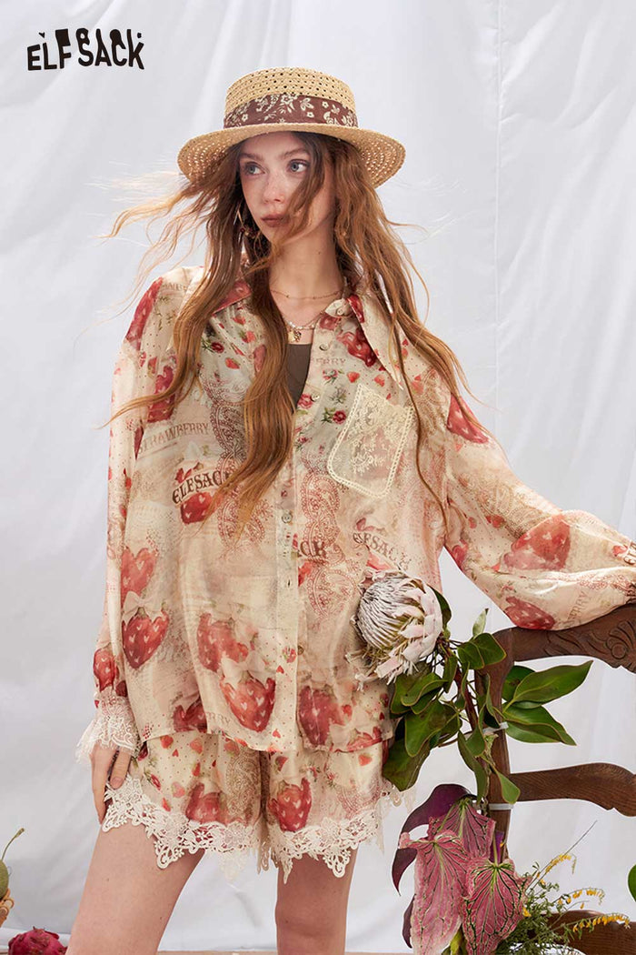 ELFSACK Strawberry Lace 2 Piece Shirt Shorts Set