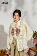 ELFSACK Strawberry Lace Pointed Collar Puff Blouse