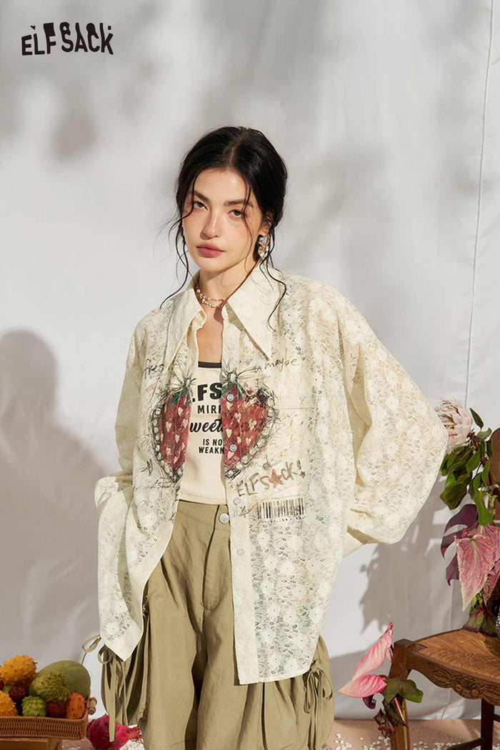 ELFSACK Strawberry Lace Pointed Collar Puff Blouse
