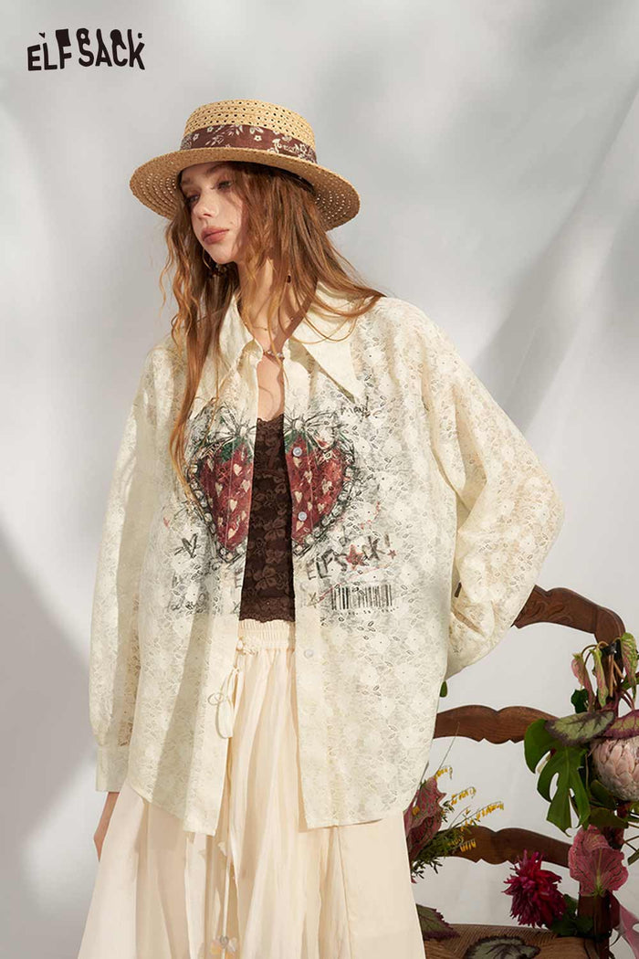ELFSACK Strawberry Lace Pointed Collar Puff Blouse