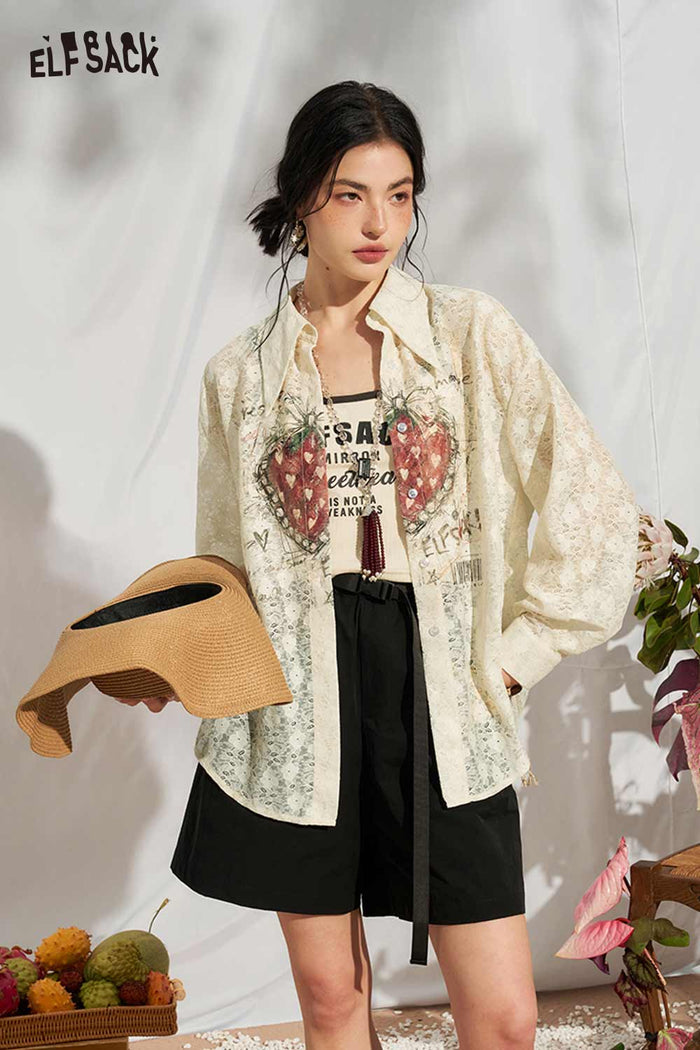 ELFSACK Strawberry Lace Pointed Collar Puff Blouse