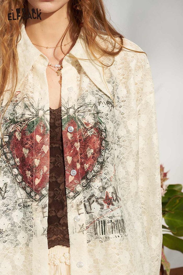 ELFSACK Strawberry Lace Pointed Collar Puff Blouse