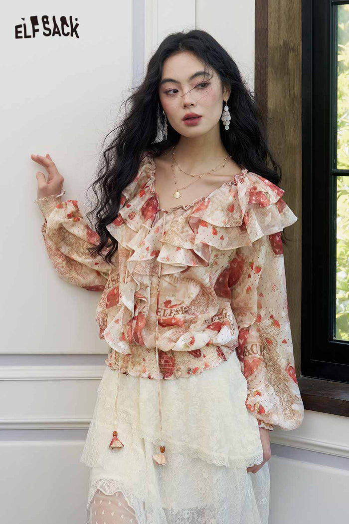 ELFSACK Strawberry Lace Smocked Gothic Chiffon Blouse