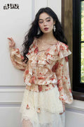 ELFSACK Strawberry Lace Smocked Gothic Chiffon Blouse