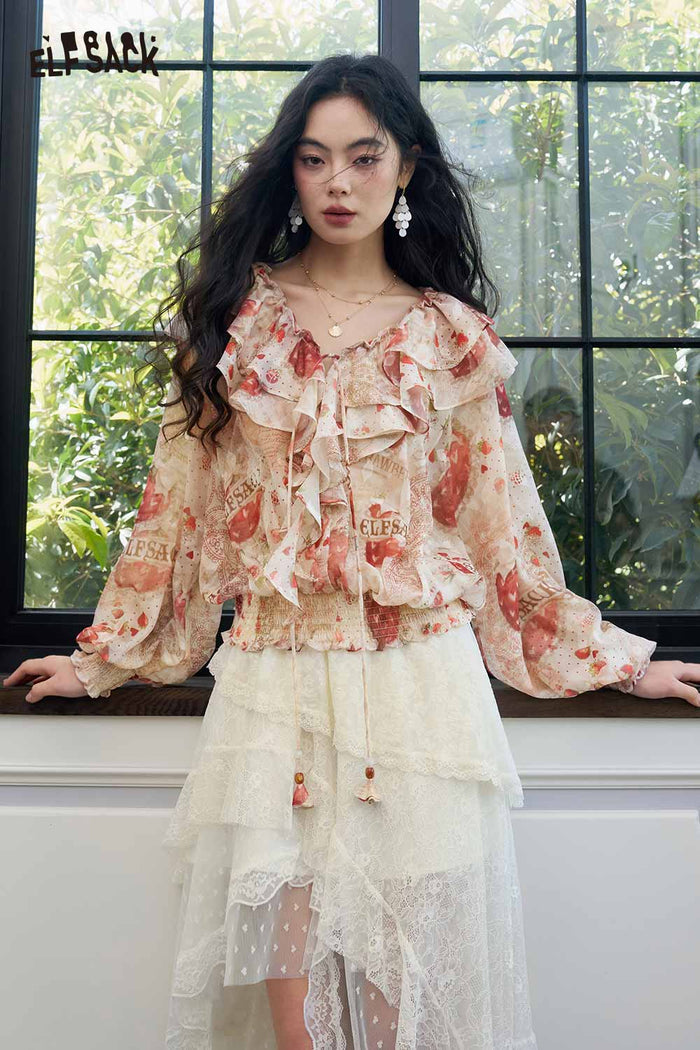 ELFSACK Strawberry Lace Smocked Gothic Chiffon Blouse