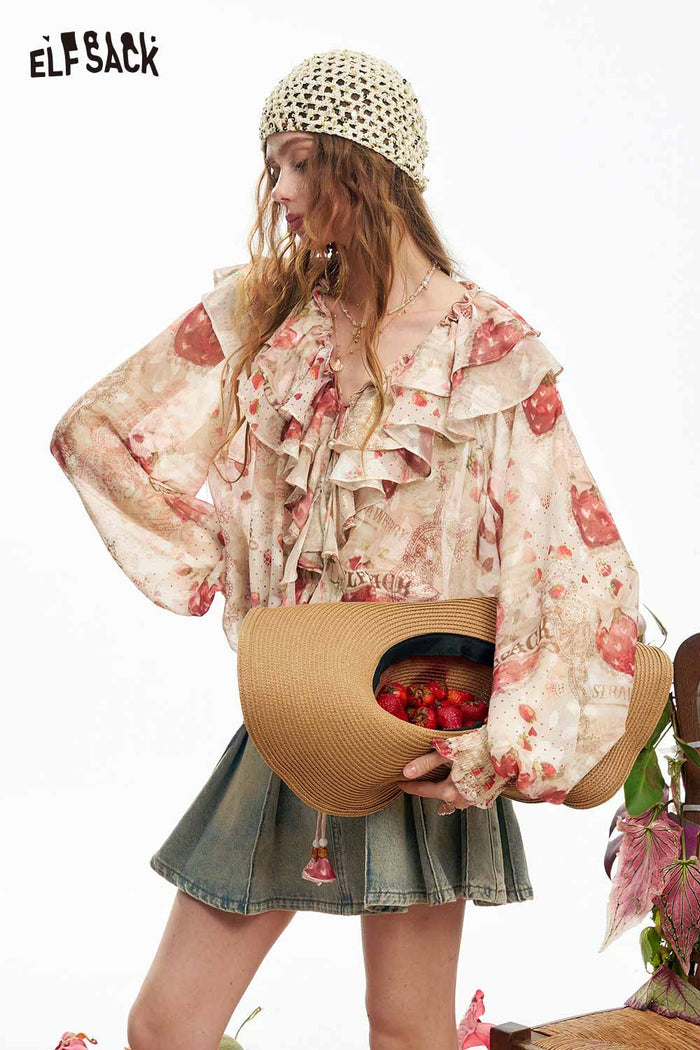 ELFSACK Strawberry Lace Smocked Gothic Chiffon Blouse