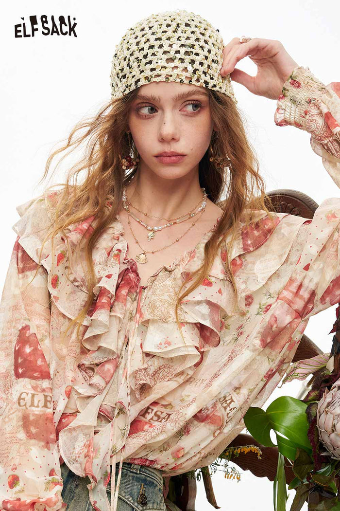 ELFSACK Strawberry Lace Smocked Gothic Chiffon Blouse