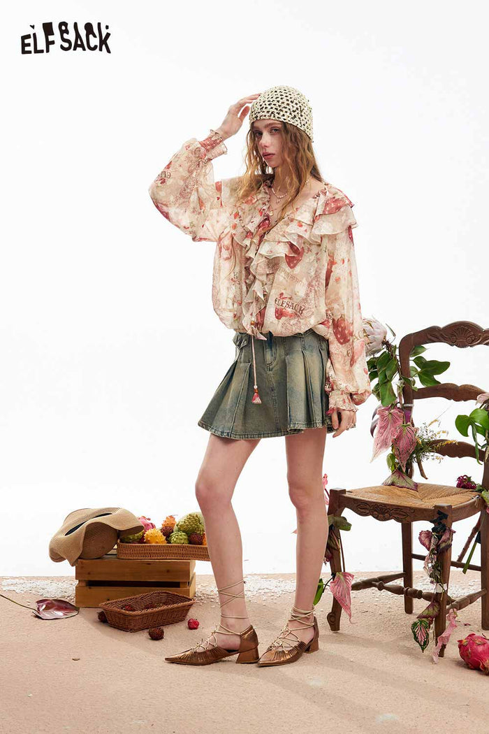 ELFSACK Strawberry Lace Smocked Gothic Chiffon Blouse