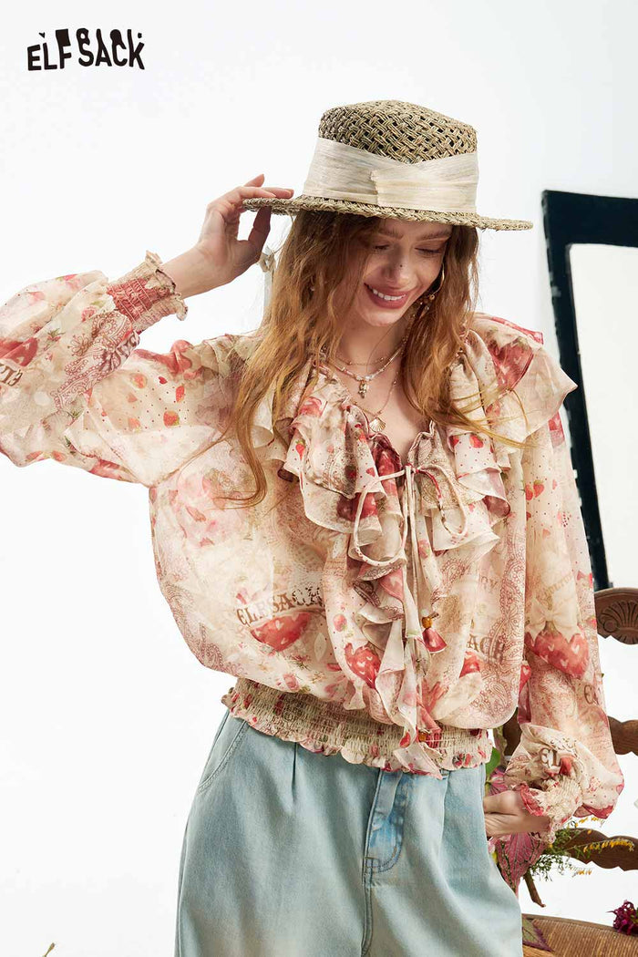 ELFSACK Strawberry Lace Smocked Gothic Chiffon Blouse
