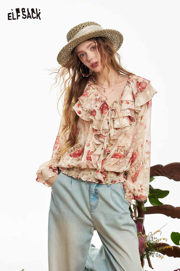 ELFSACK Strawberry Lace Smocked Gothic Chiffon Blouse