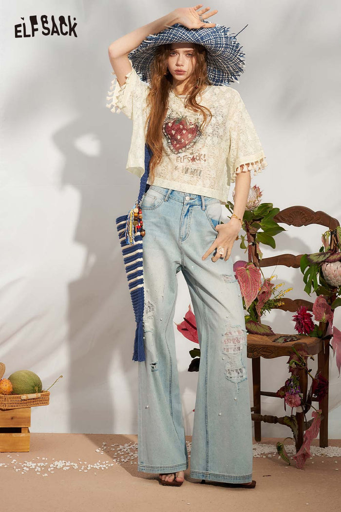 ELFSACK Strawberry Lace Tassel Cropped Gothic Tee