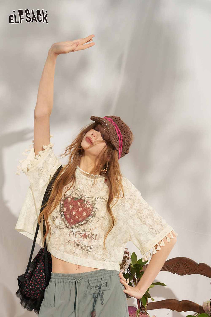 ELFSACK Strawberry Lace Tassel Cropped Gothic Tee