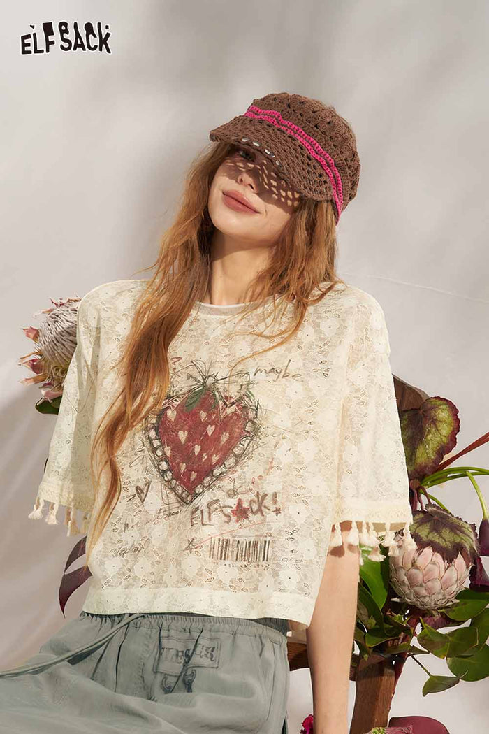 ELFSACK Strawberry Lace Tassel Cropped Gothic Tee