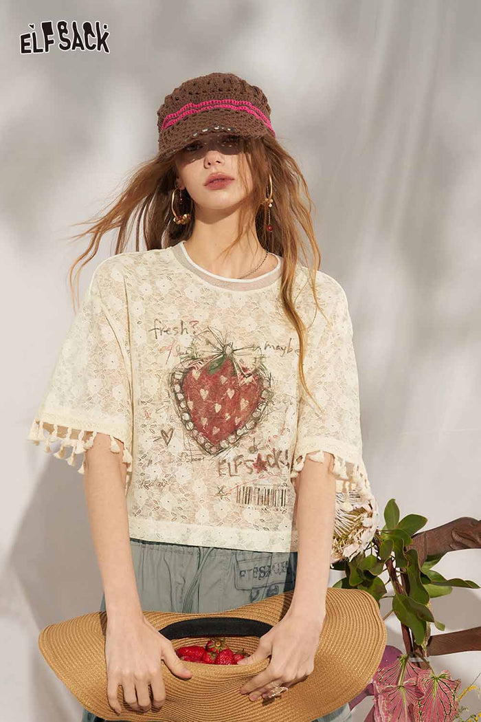 ELFSACK Strawberry Lace Tassel Cropped Gothic Tee
